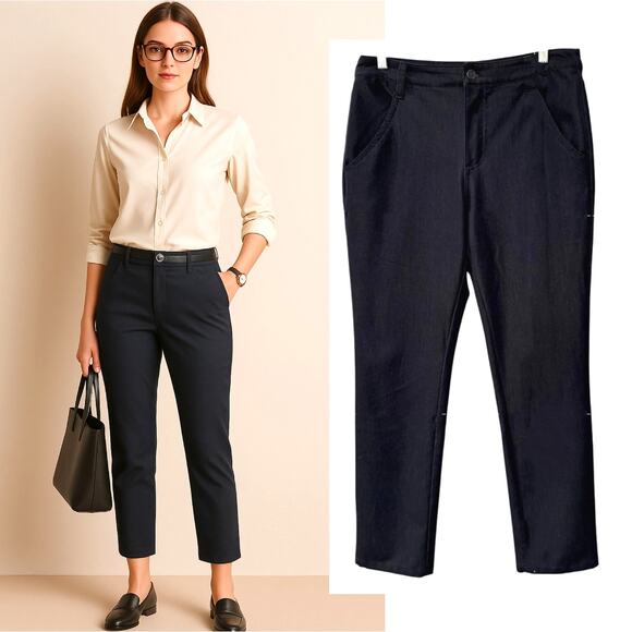 Tahari 10/30 High Rise Trousers $178 Stretch Cotton Dress Pants Crop Navy Blue - Picture 1 of 9